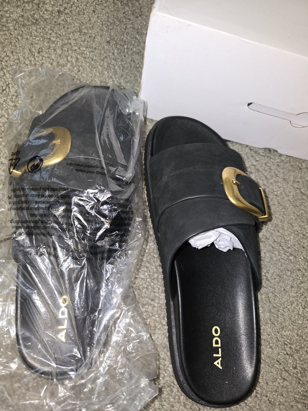 ALDO Alenana Black Slide Sandals with Gold Buckle NIB - Picture 4 of 8